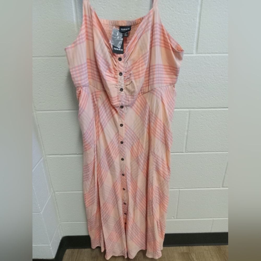 NWT Torrid Pink (Salmon) Blue Plaid Spaghetti Strapped Dress, sz 2X - 18…
